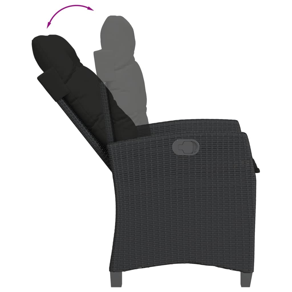 3 Pcs conjunto de jantar p/ jardim c/ almofadões vime PE preto