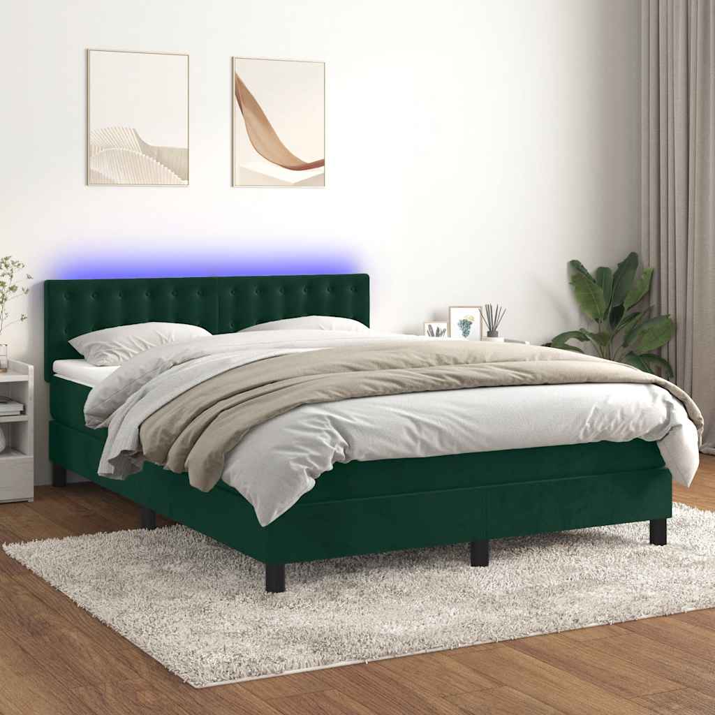 Cama box spring c/ colchão/LED 140x200 cm veludo verde-escuro