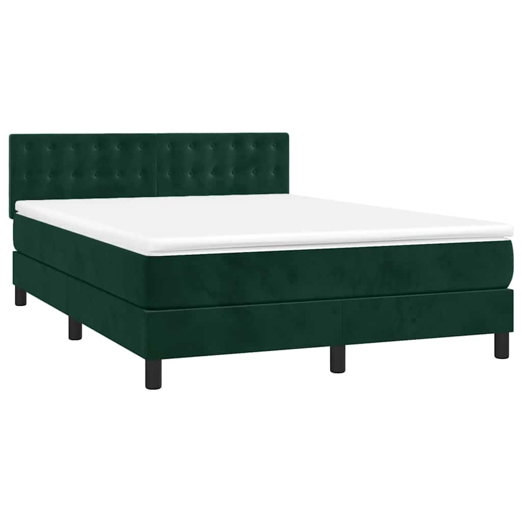 Cama box spring c/ colchão/LED 140x200 cm veludo verde-escuro