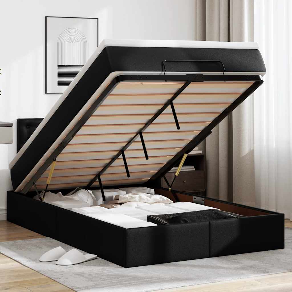 Cama otomana com colchões&leds 120x190cm couro artificial preto