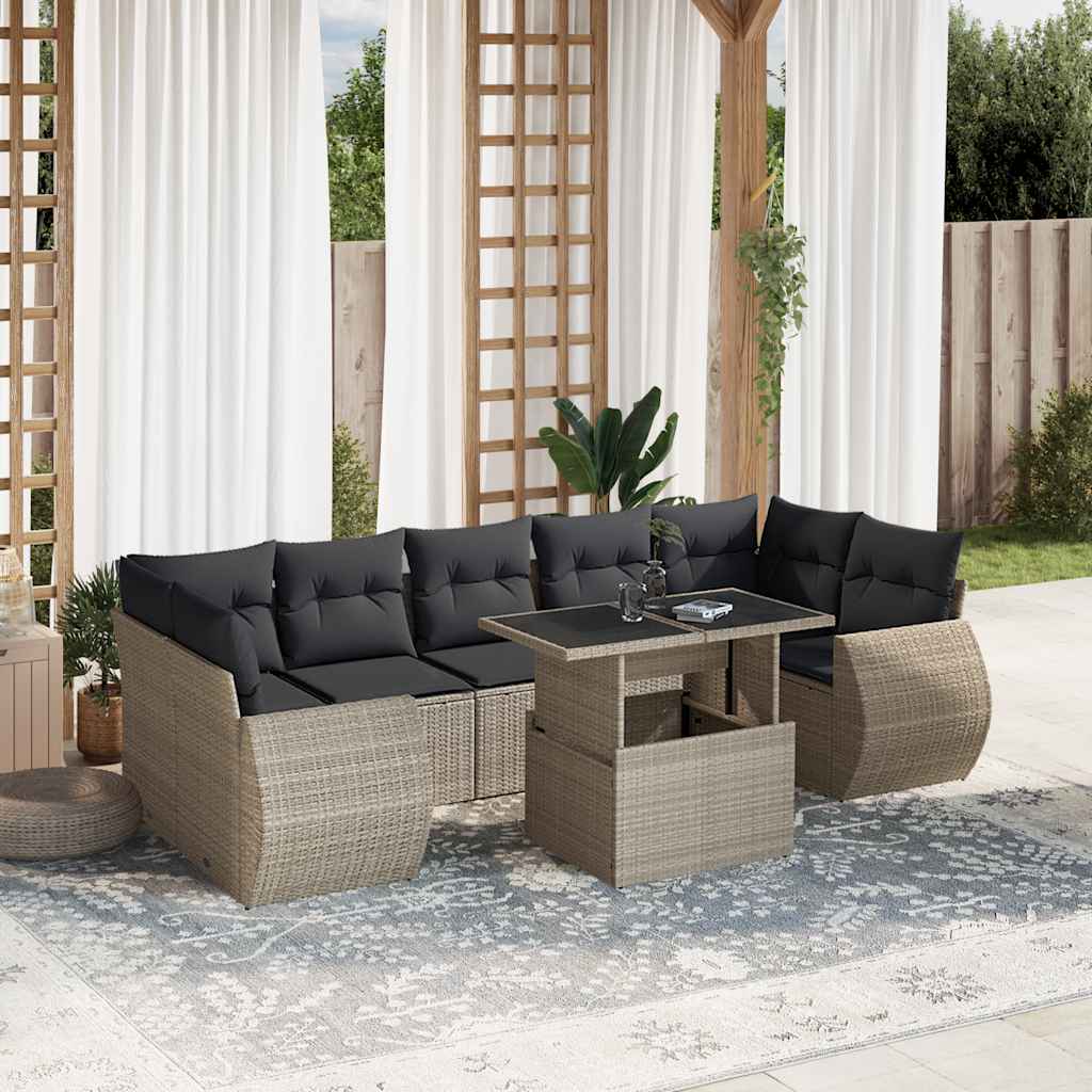 8 Pcs conj. sofás jardim c/ almofadões vime PE cinzento-claro