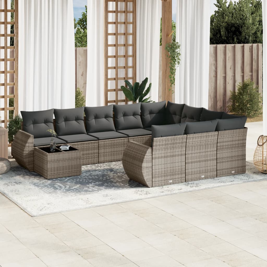 11 Pcs conjunto sofás de jardim c/ almofadões vime PE cinzento