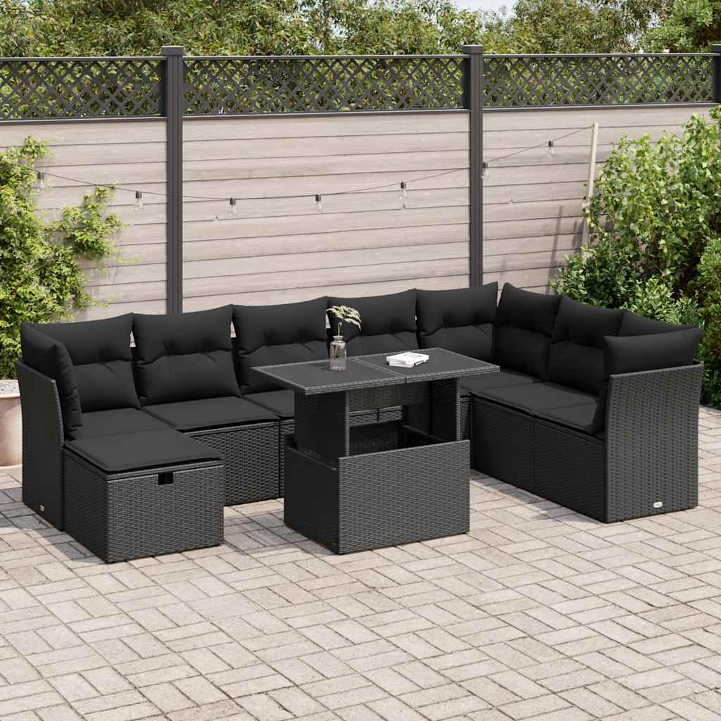 9 Pcs conjunto de sofás p/ jardim c/ almofadões vime PE preto
