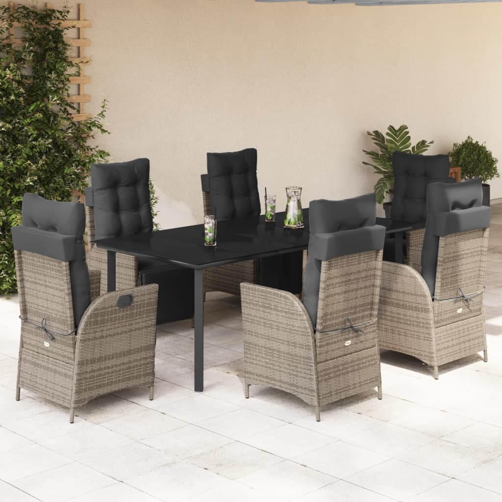 7 Pcs conjunto de jantar p/ jardim c/ almofadões vime PE cinza