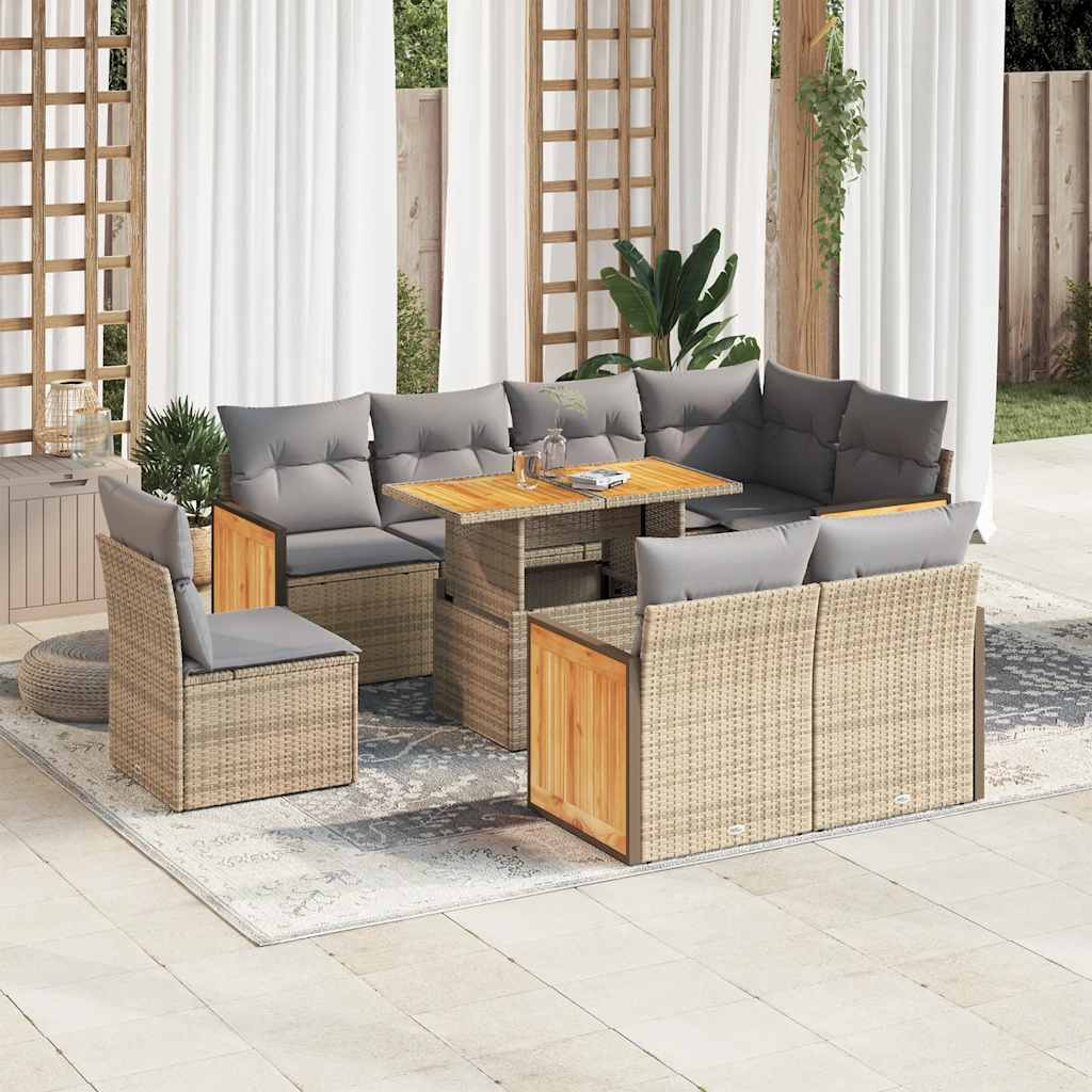 9 Pcs conjunto sofás jardim com almofadões vime PE/acácia bege