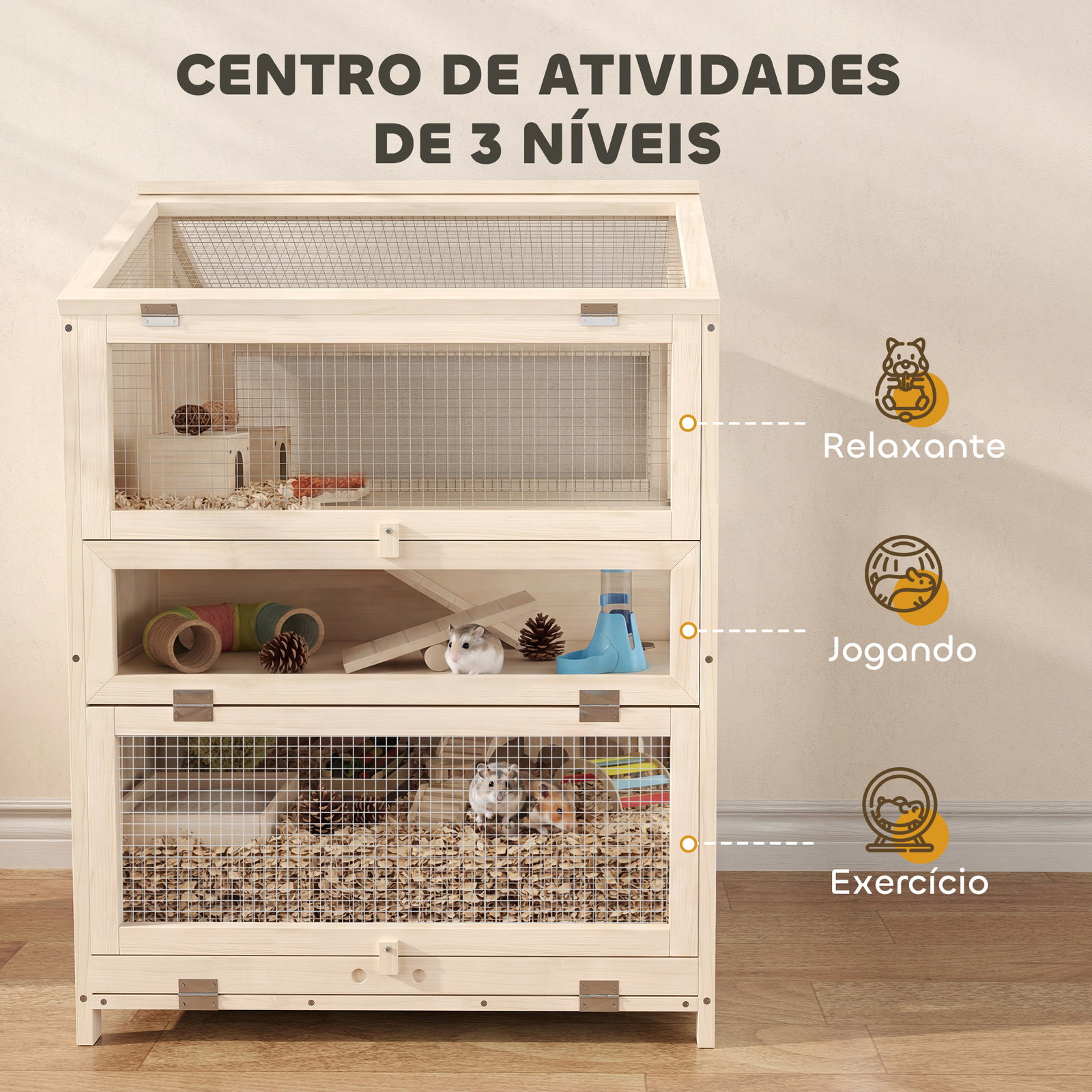 Gaiola para hamster de madeira de 3 níveis com bebedouros, casotas, baloiços, bandeja amovível e tampas rebatíveis, natural