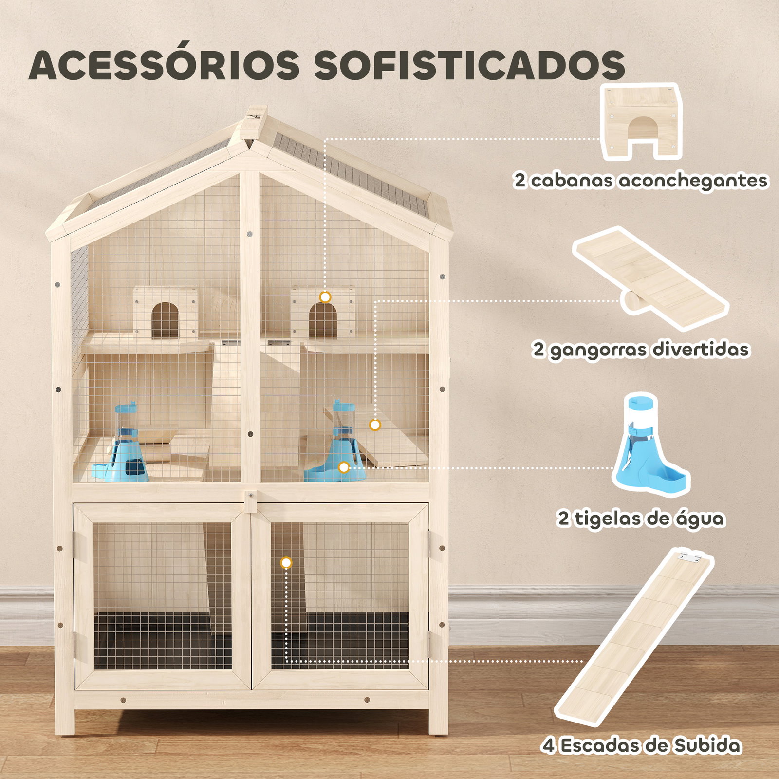 Gaiola para hamster de madeira de 3 níveis com bebedouros, casotas, baloiços, bandeja amovível e tampas rebatíveis, natural
