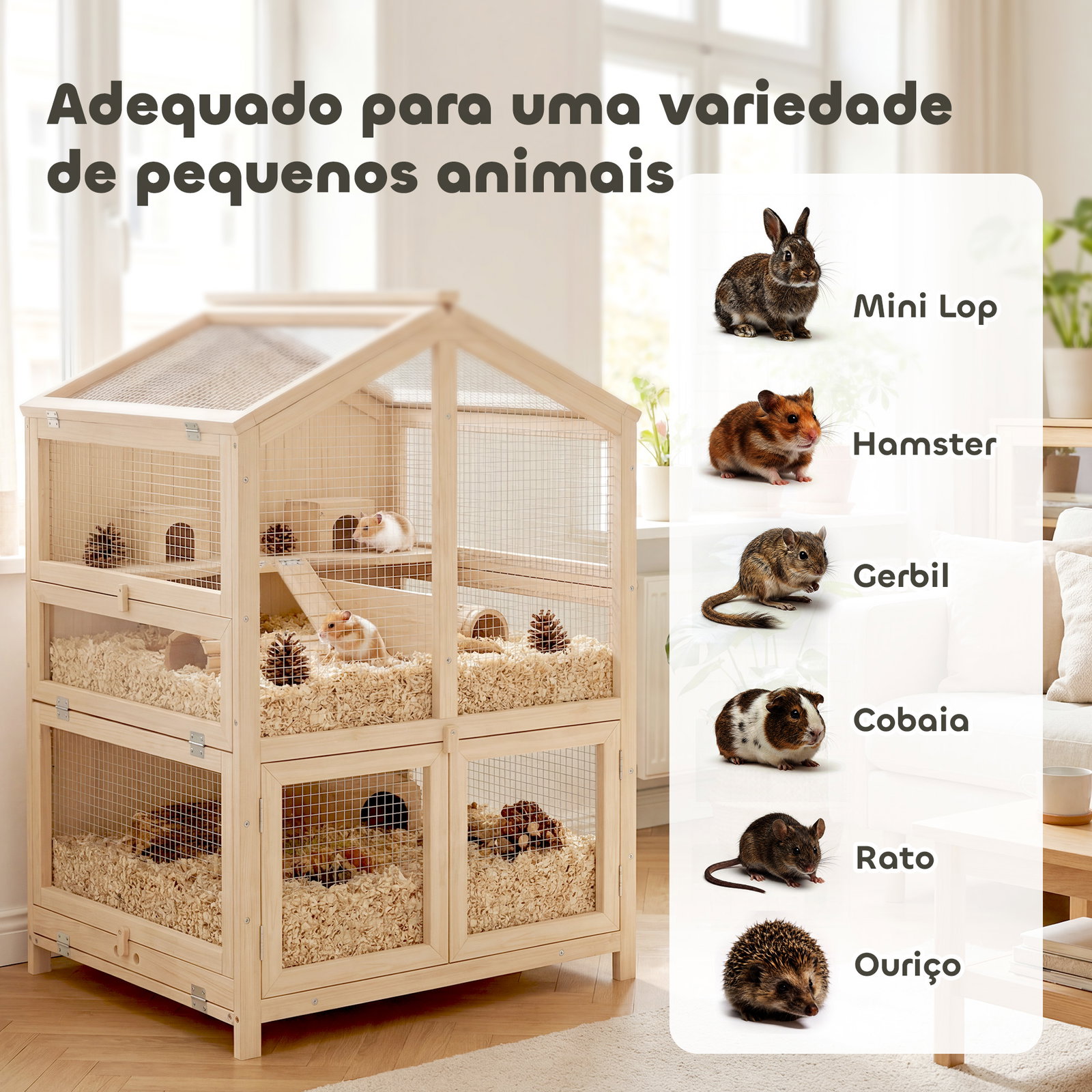Gaiola para hamster de madeira de 3 níveis com bebedouros, casotas, baloiços, bandeja amovível e tampas rebatíveis, natural
