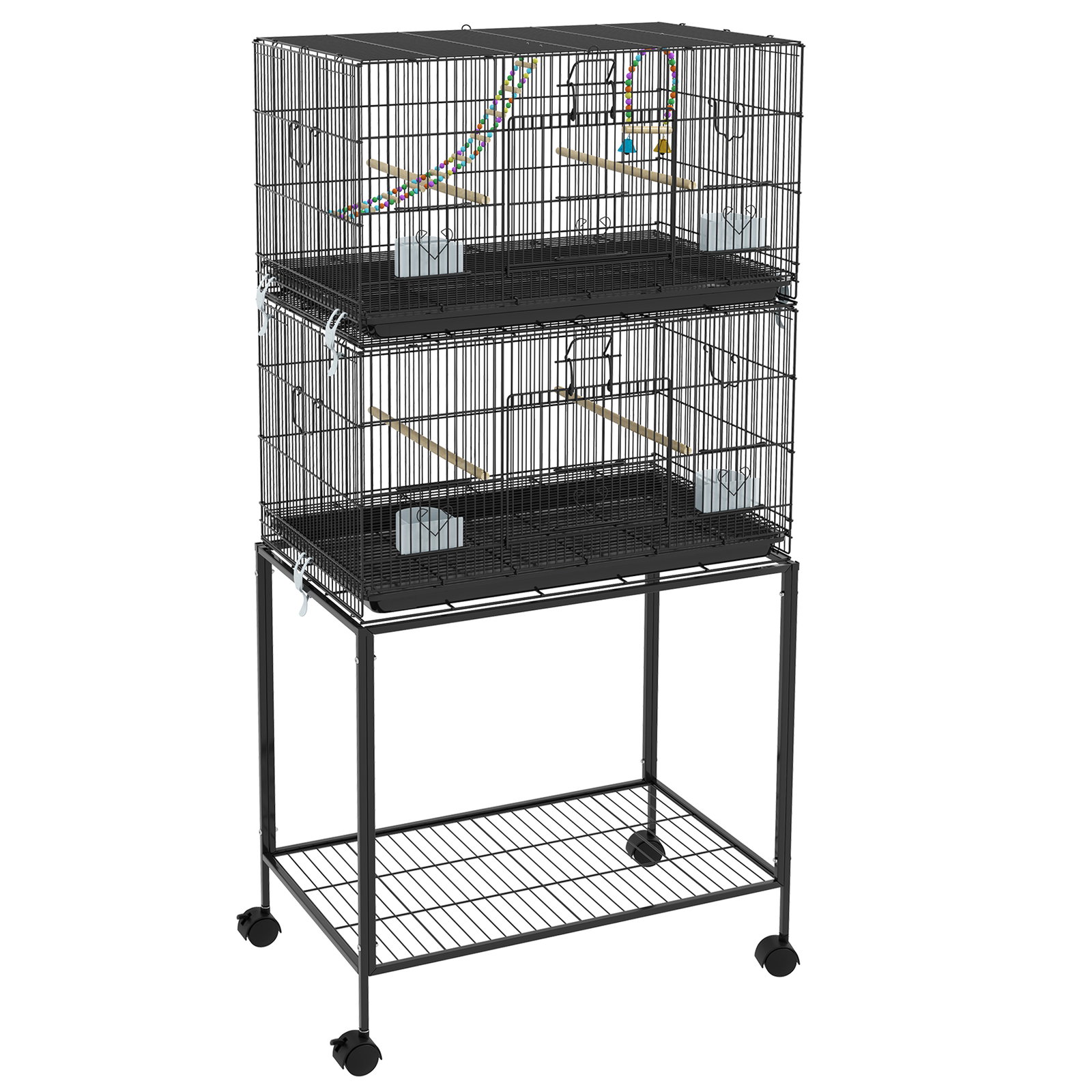 Gaiola dupla e empilhável para pássaros 77x46x164 cm com rodas poleiros bandeja amovível comedouros baloiço e escada preto