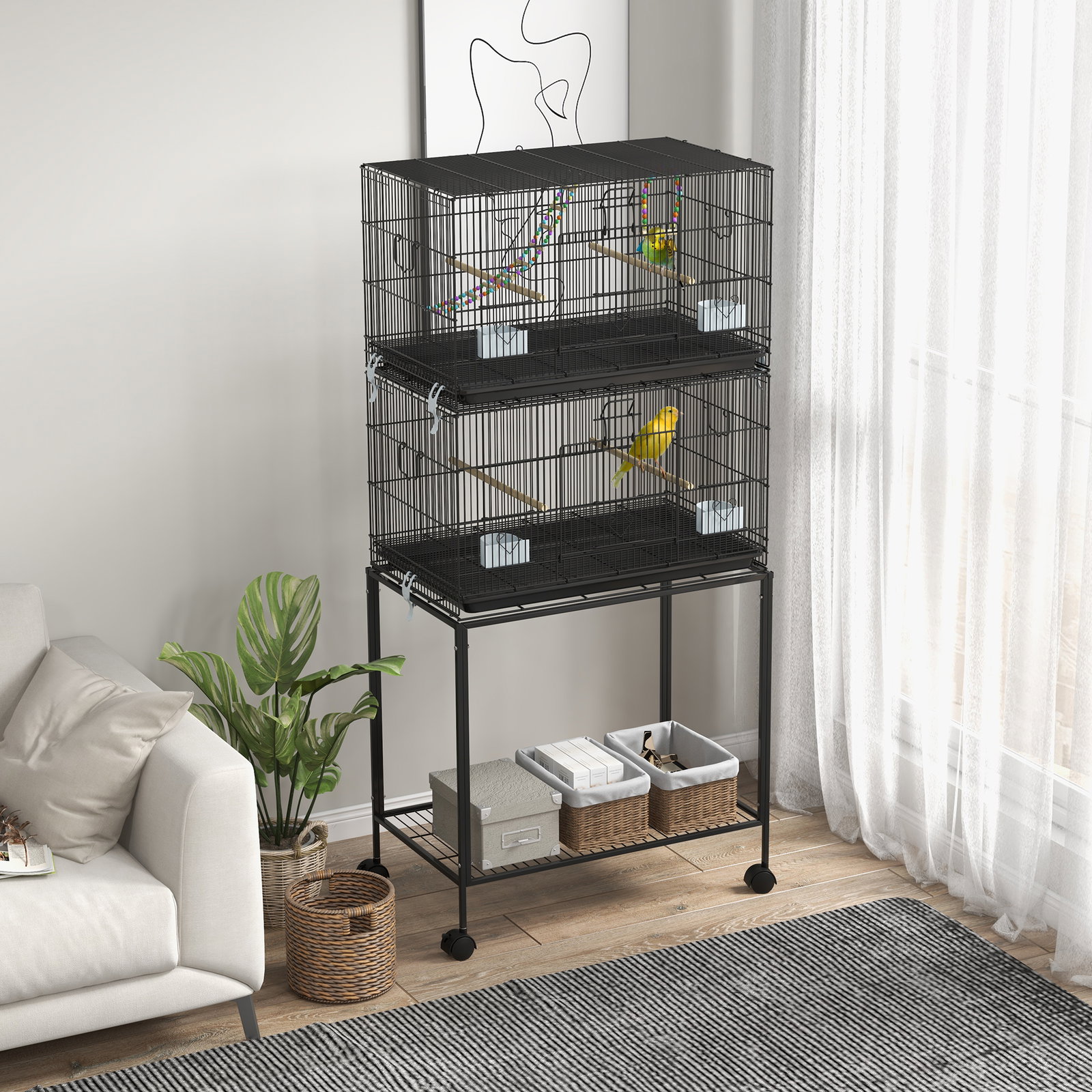 Gaiola dupla e empilhável para pássaros 77x46x164 cm com rodas poleiros bandeja amovível comedouros baloiço e escada preto