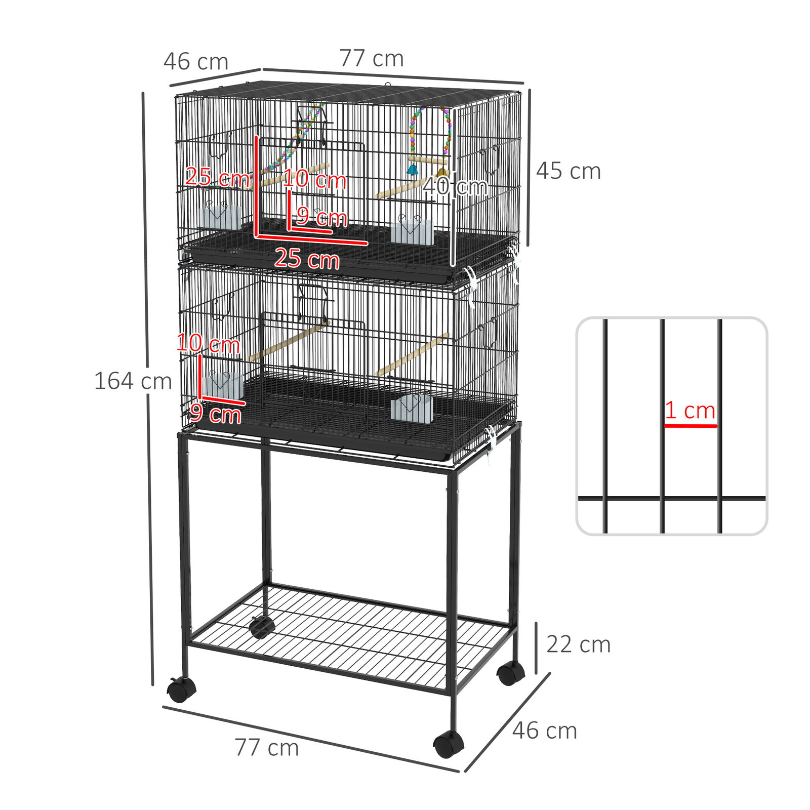 Gaiola dupla e empilhável para pássaros 77x46x164 cm com rodas poleiros bandeja amovível comedouros baloiço e escada preto