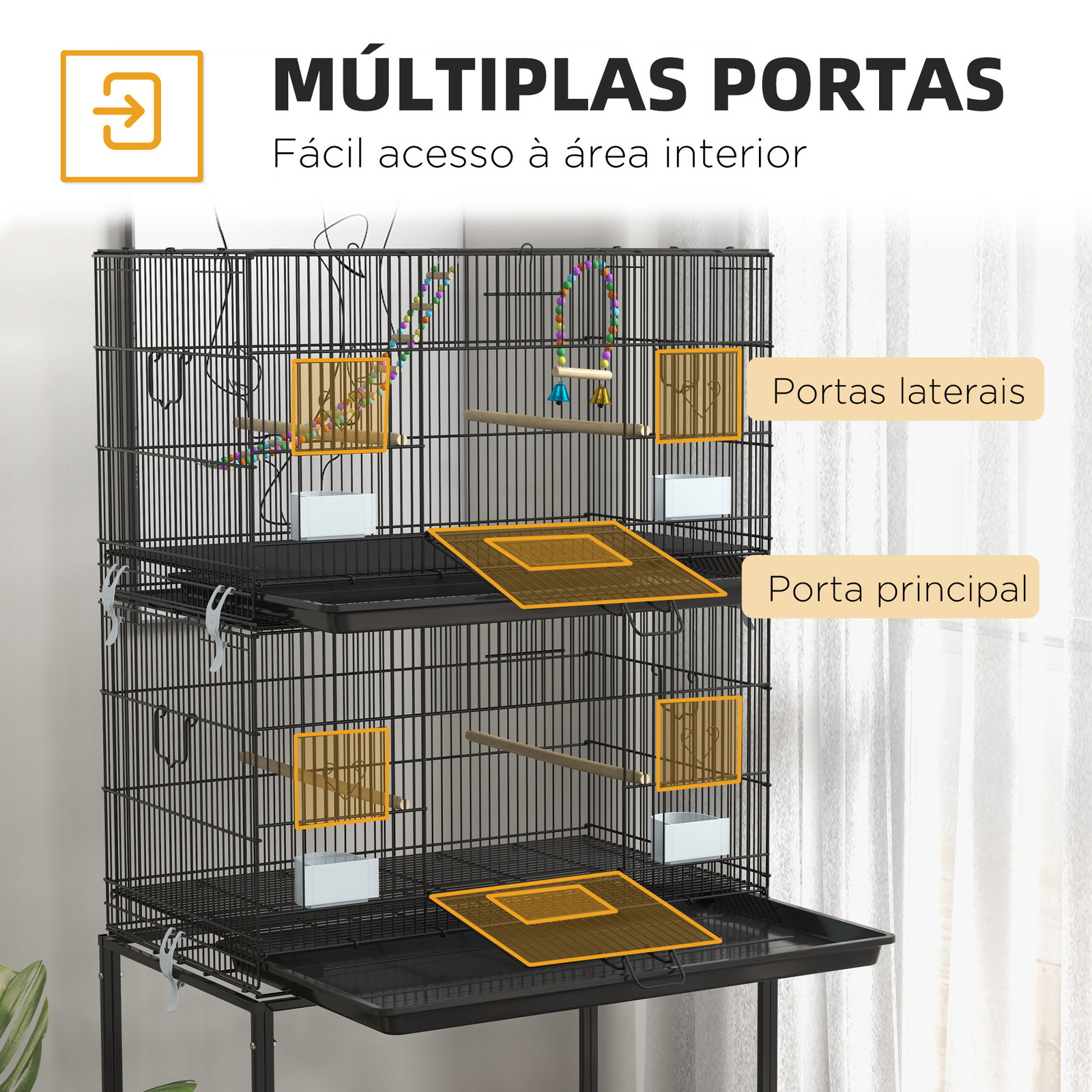 Gaiola dupla e empilhável para pássaros 77x46x164 cm com rodas poleiros bandeja amovível comedouros baloiço e escada preto