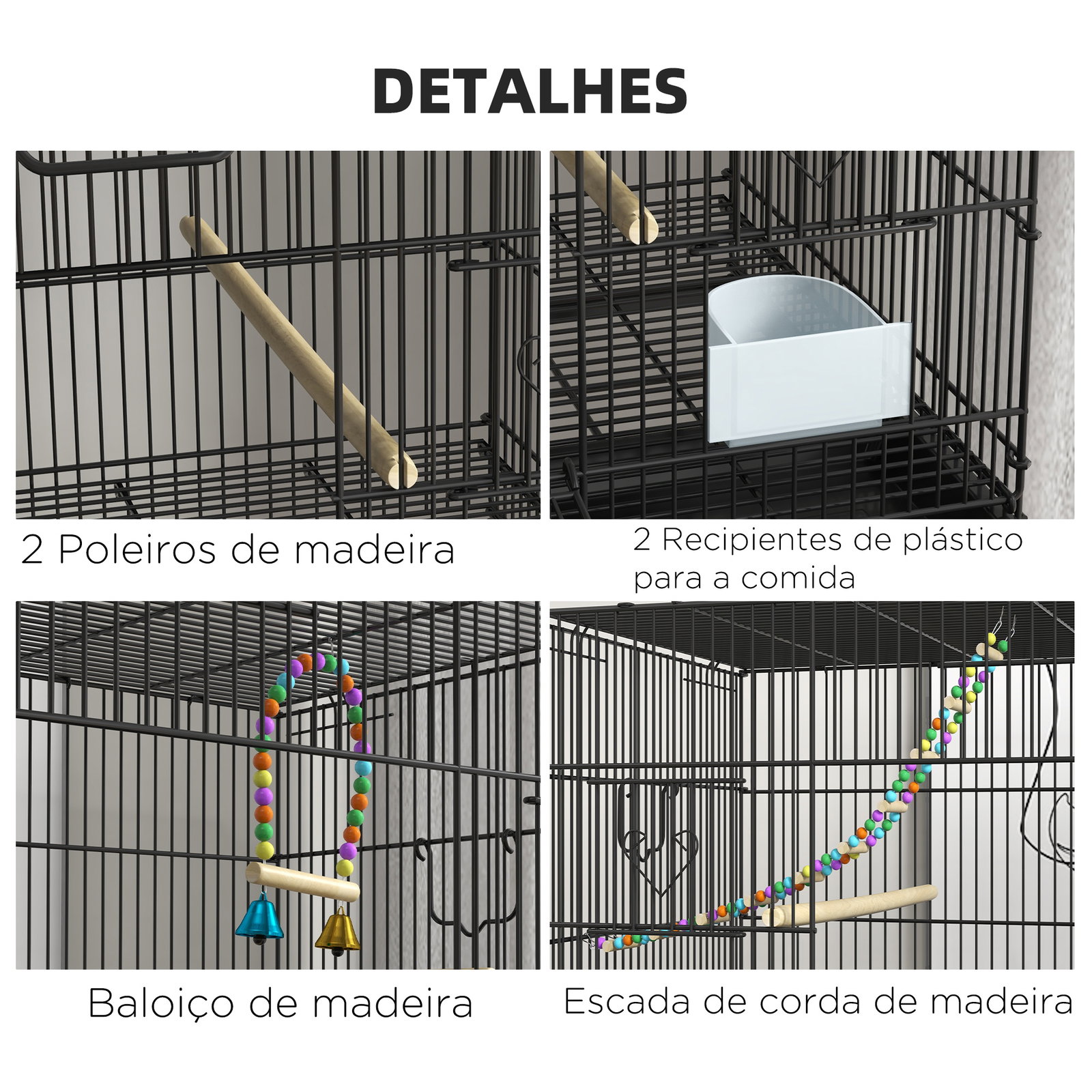 Gaiola dupla e empilhável para pássaros 77x46x164 cm com rodas poleiros bandeja amovível comedouros baloiço e escada preto