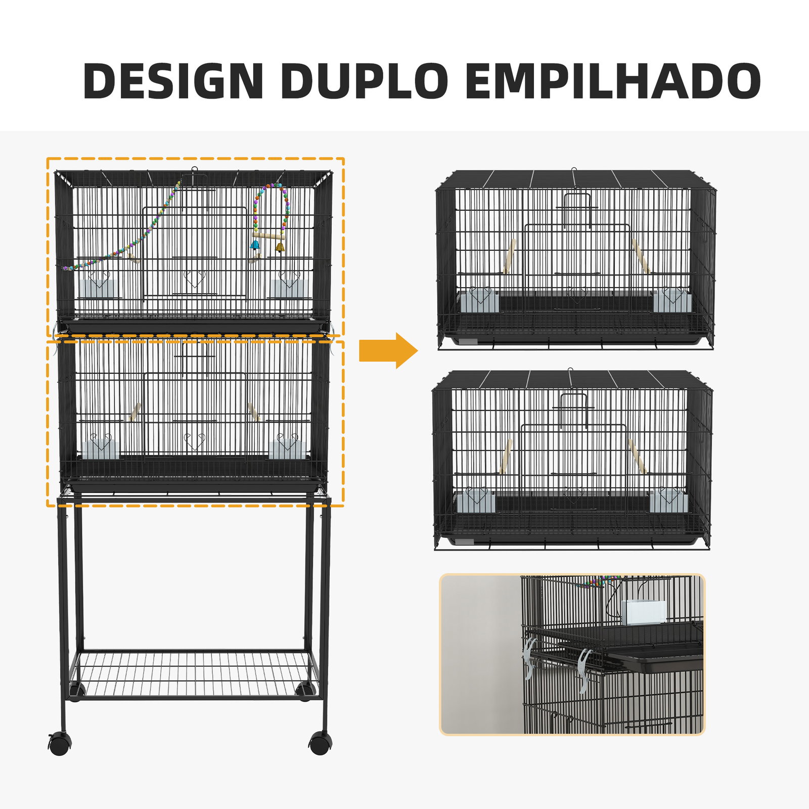 Gaiola dupla e empilhável para pássaros 77x46x164 cm com rodas poleiros bandeja amovível comedouros baloiço e escada preto