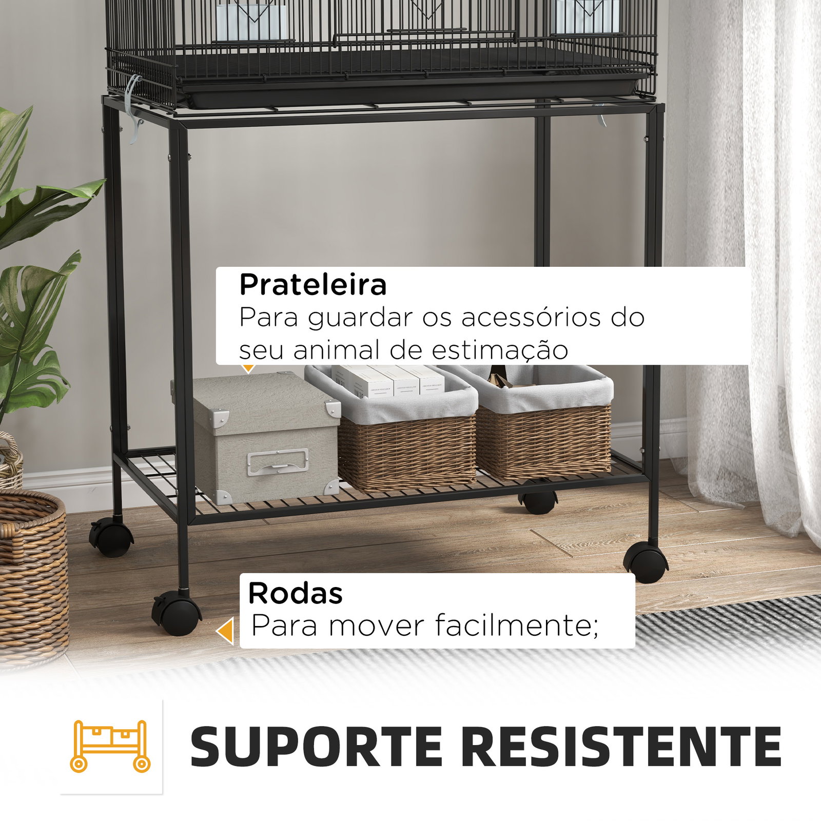 Gaiola dupla e empilhável para pássaros 77x46x164 cm com rodas poleiros bandeja amovível comedouros baloiço e escada preto