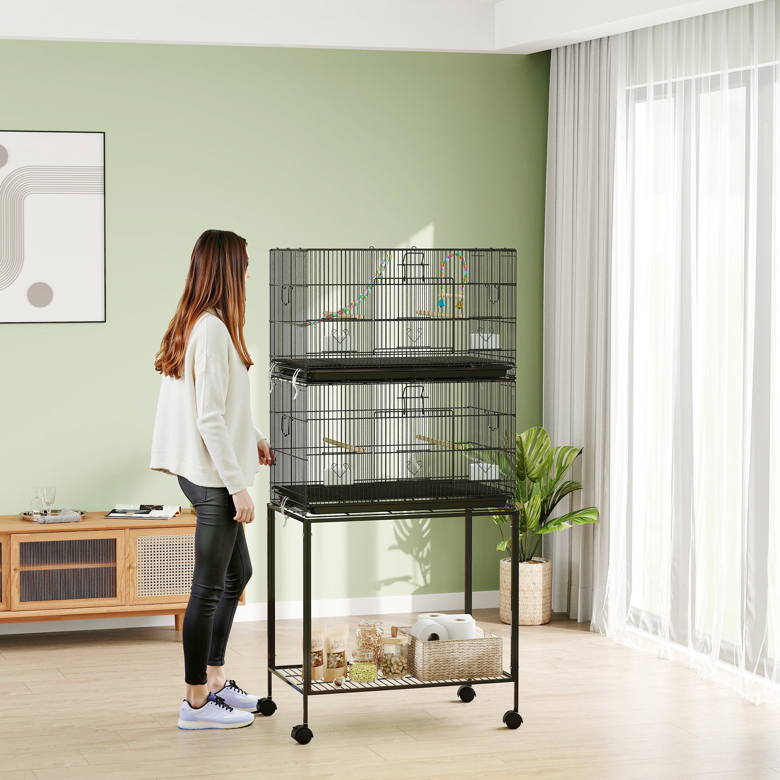 Gaiola dupla e empilhável para pássaros 77x46x164 cm com rodas poleiros bandeja amovível comedouros baloiço e escada preto