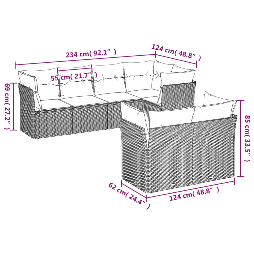 7 Pcs conj. sofás jardim com almofadões vime PE cinzento-claro