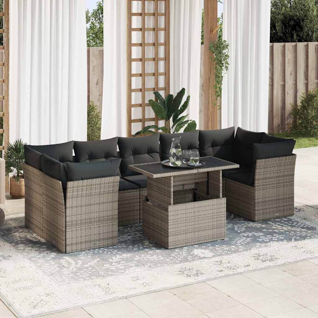 8 Pcs conjunto sofás de jardim c/ almofadões vime PE cinzento