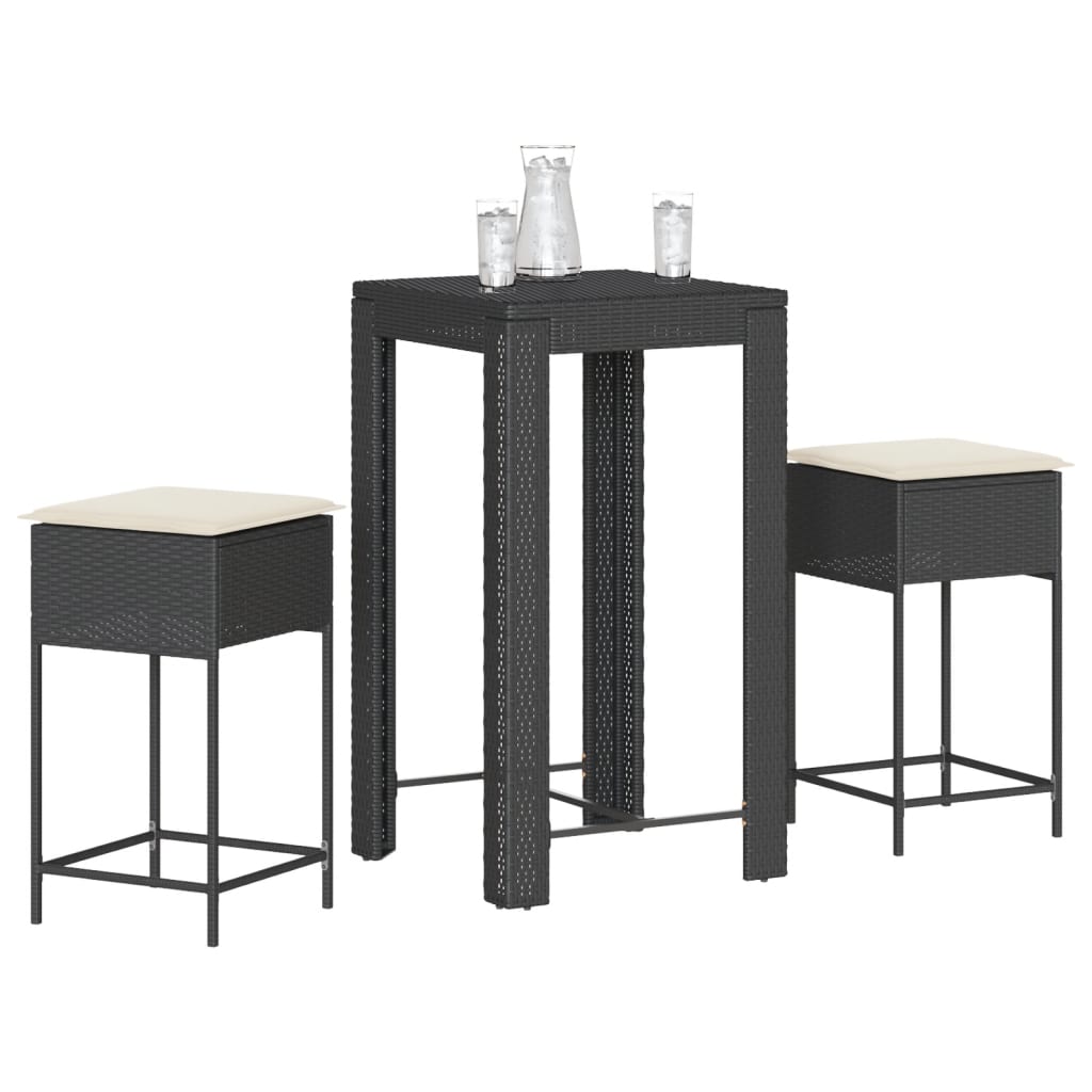 3 Pcs conjunto de bar para jardim c/ almofadões vime PE preto