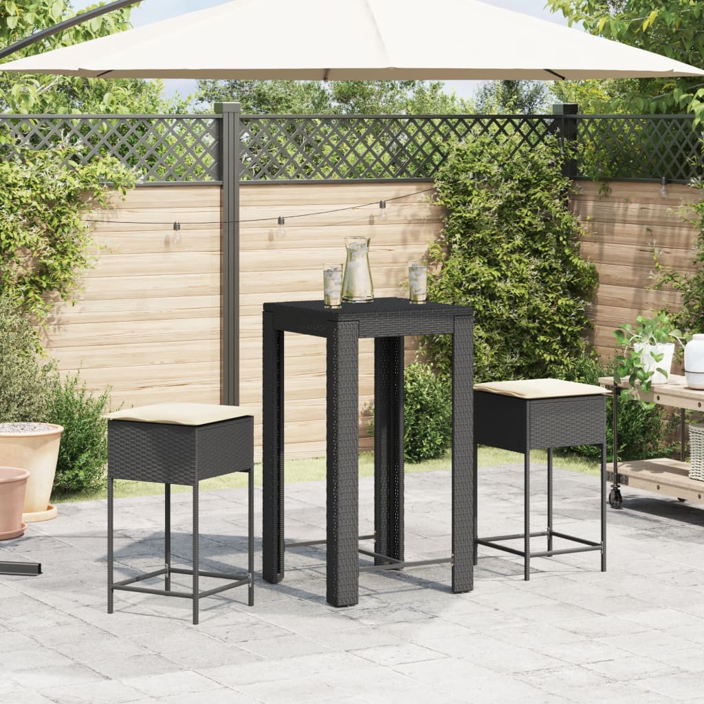 3 Pcs conjunto de bar para jardim c/ almofadões vime PE preto