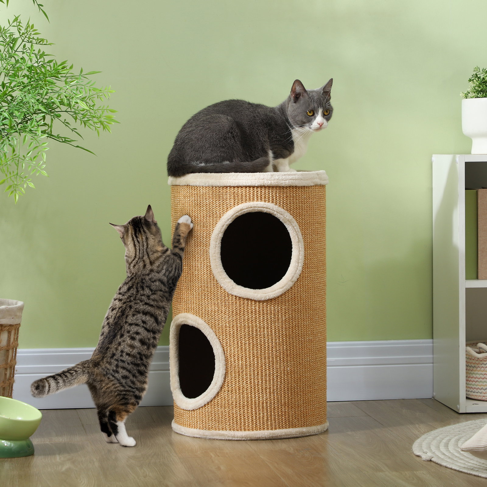 Barril arranhador para gatos de 2 andares arranhador para gatos com 2 cavernas e cobertura de sisal ø35x60 cm marrom