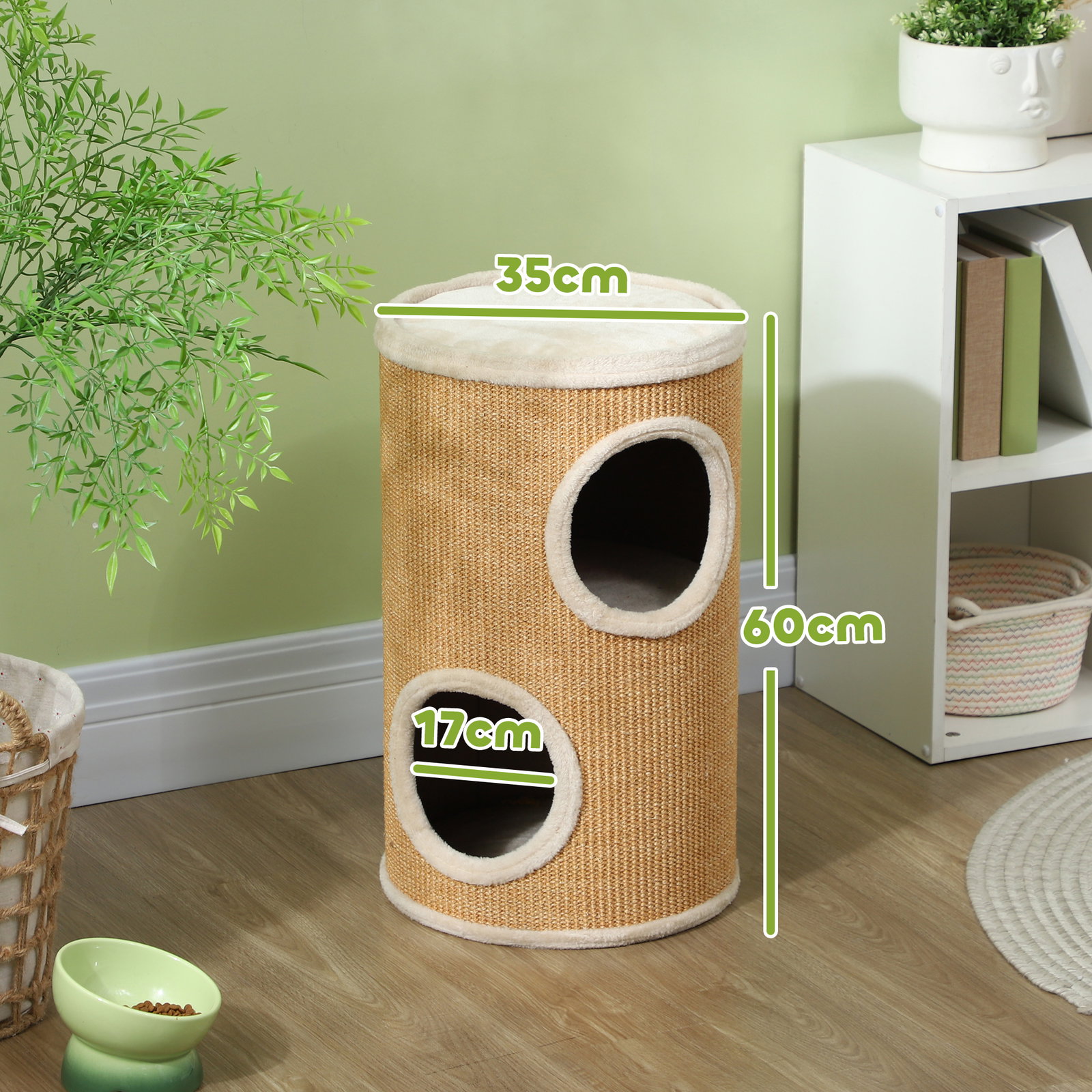 Barril arranhador para gatos de 2 andares arranhador para gatos com 2 cavernas e cobertura de sisal ø35x60 cm marrom