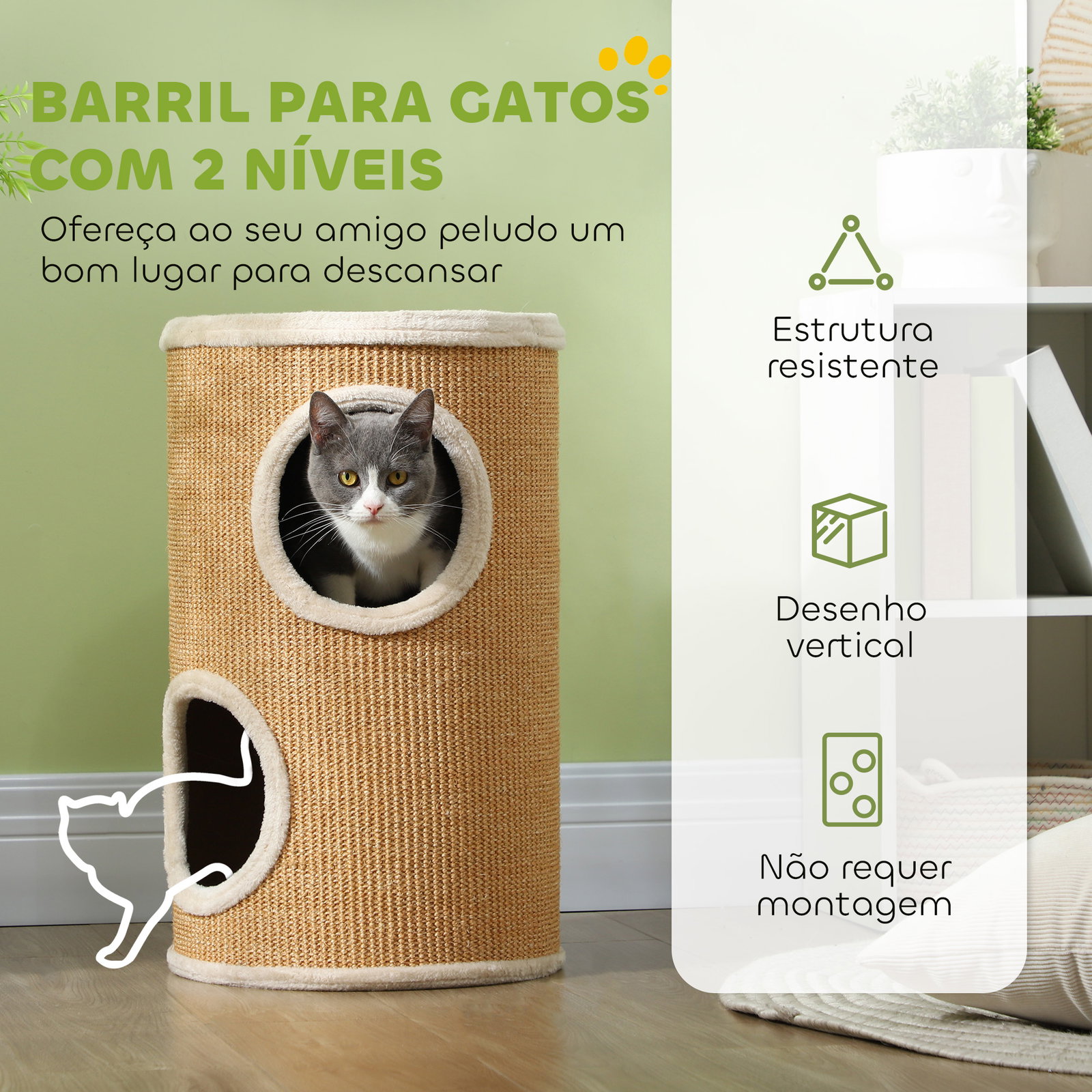 Barril arranhador para gatos de 2 andares arranhador para gatos com 2 cavernas e cobertura de sisal ø35x60 cm marrom
