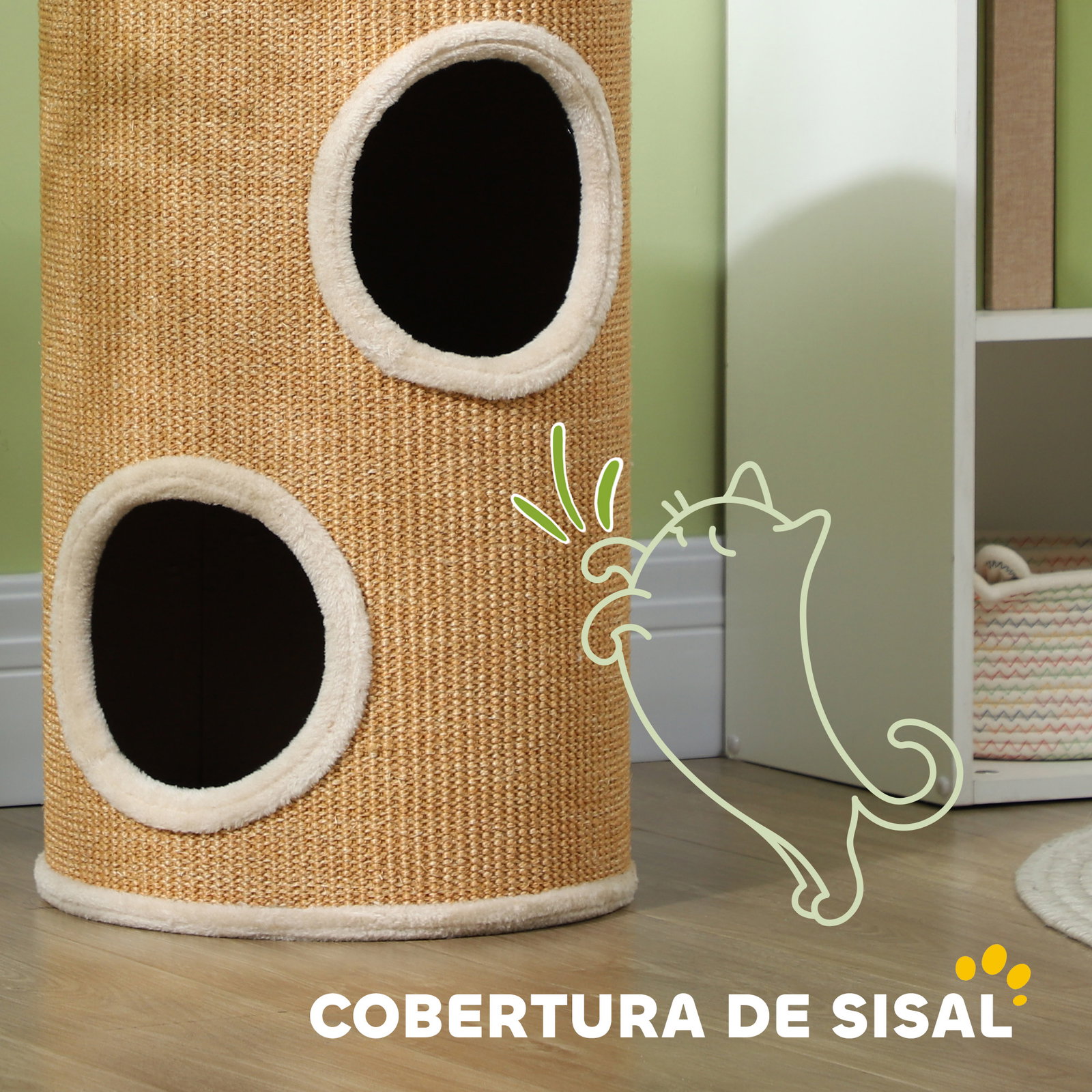 Barril arranhador para gatos de 2 andares arranhador para gatos com 2 cavernas e cobertura de sisal ø35x60 cm marrom