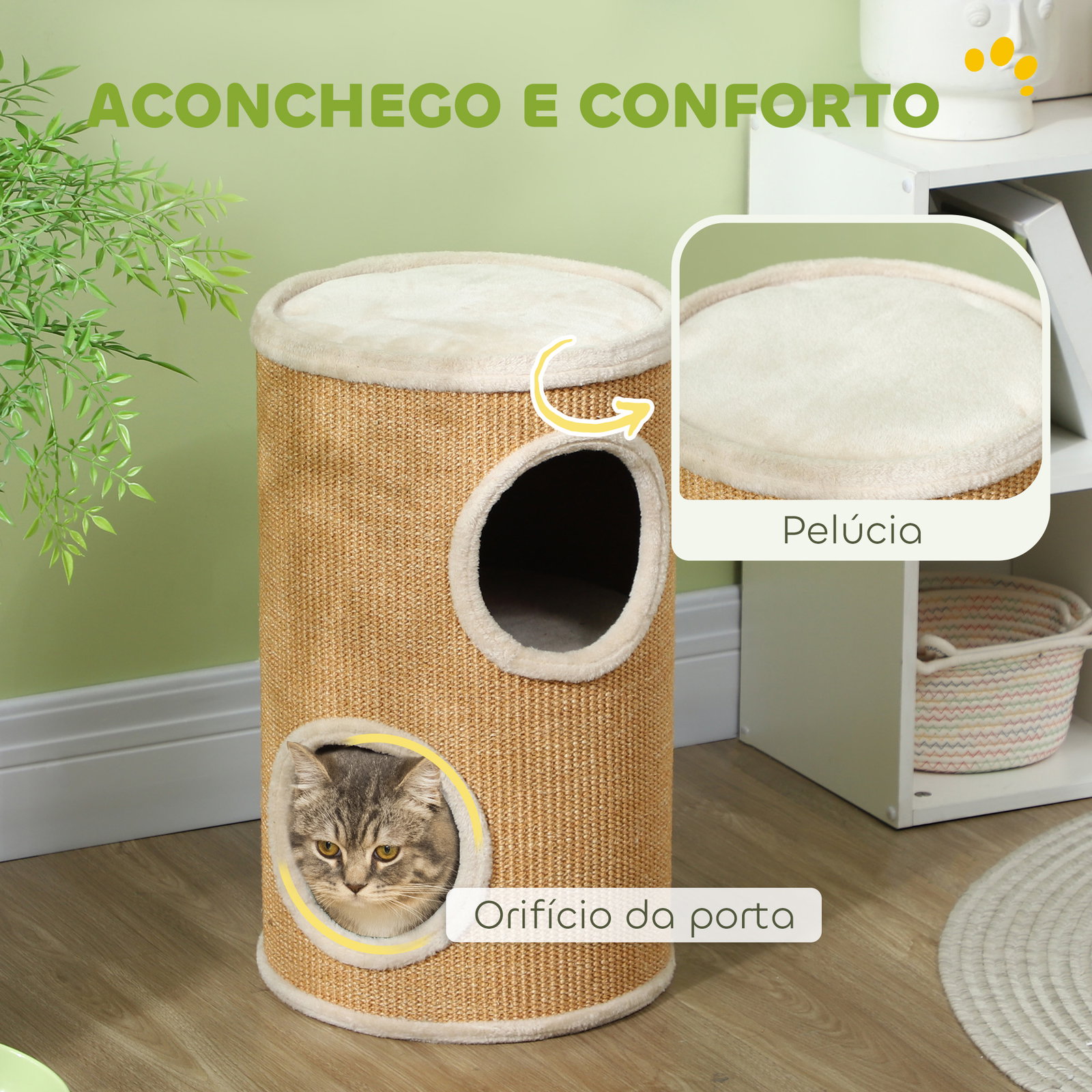 Barril arranhador para gatos de 2 andares arranhador para gatos com 2 cavernas e cobertura de sisal ø35x60 cm marrom