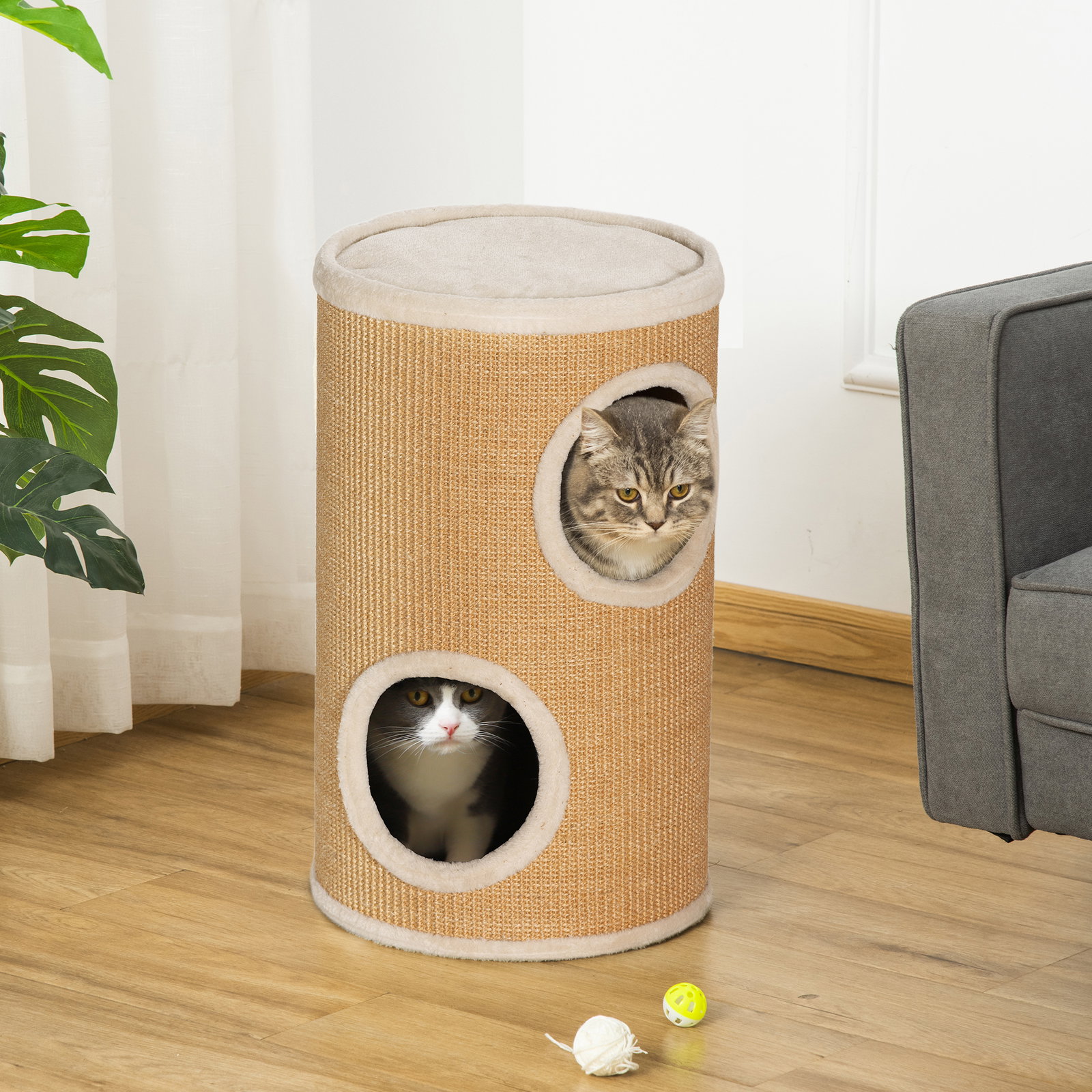 Barril arranhador para gatos de 2 andares arranhador para gatos com 2 cavernas e cobertura de sisal ø35x60 cm marrom