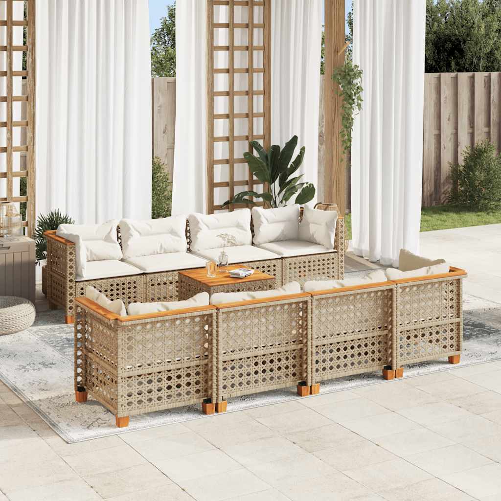 9 Pcs conjunto de sofás p/ jardim com almofadões vime PE bege