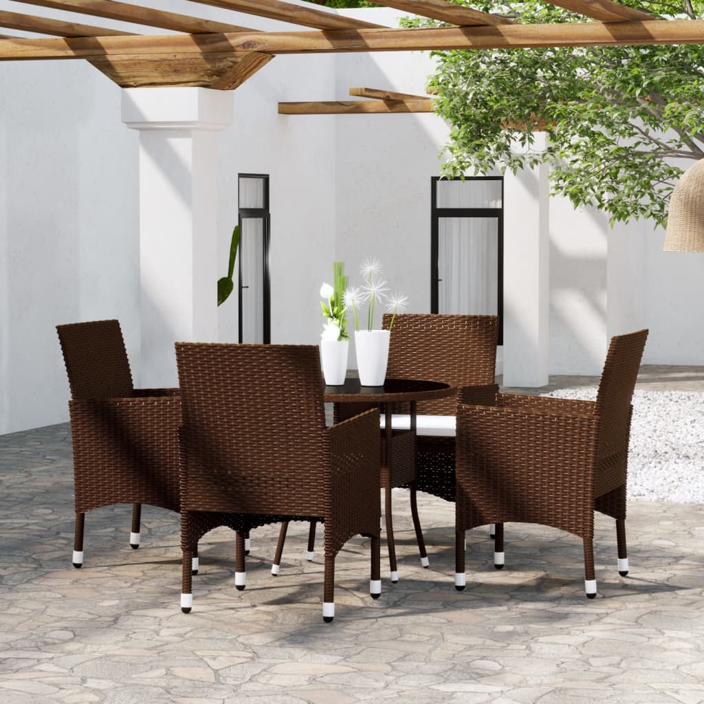 5 Pcs conjunto de jantar para jardim vime PE castanho