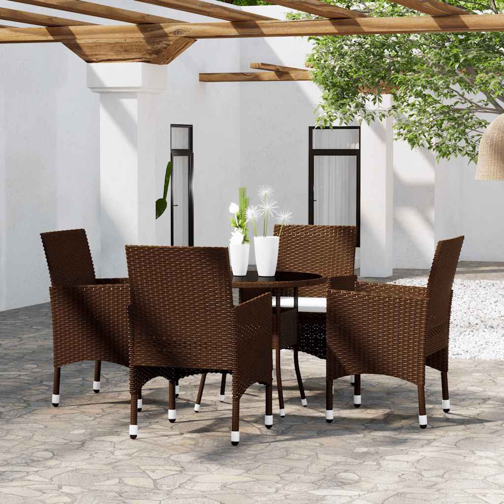 5 Pcs conjunto de jantar para jardim vime PE castanho