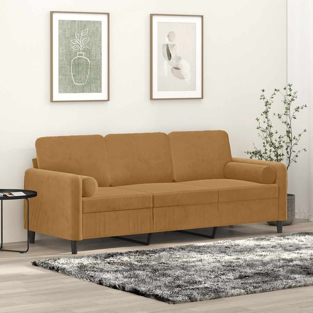 Sofá 3 lugares c/ almofadas decorativas 180 cm veludo castanho