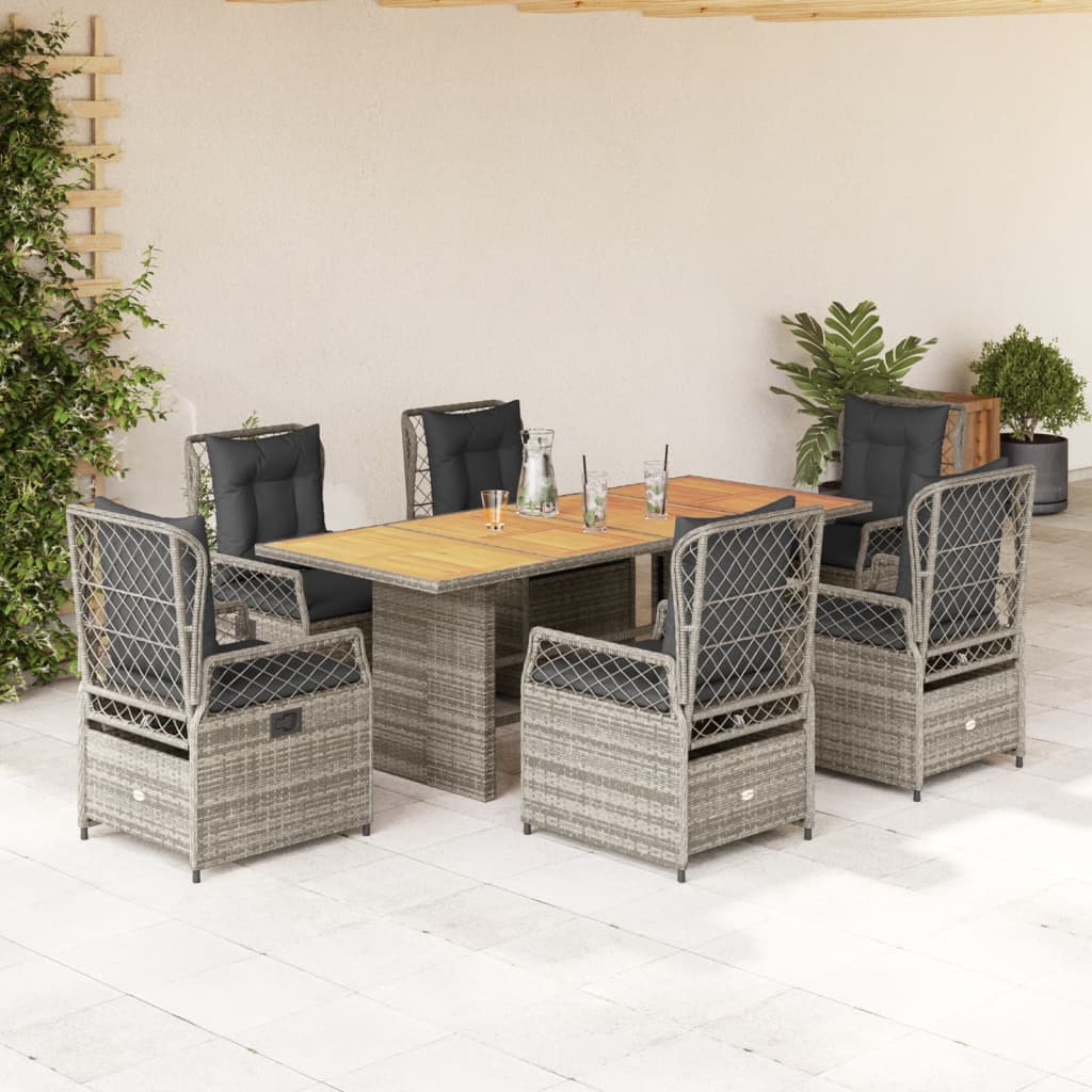 7 Pcs conjunto de jantar p/ jardim c/ almofadões vime PE cinza