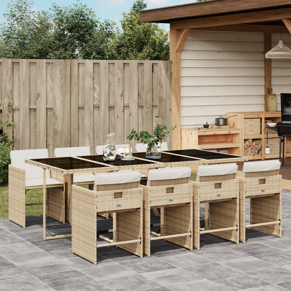 9 Pcs conjunto de jantar p/ jardim com almofadões vime PE bege