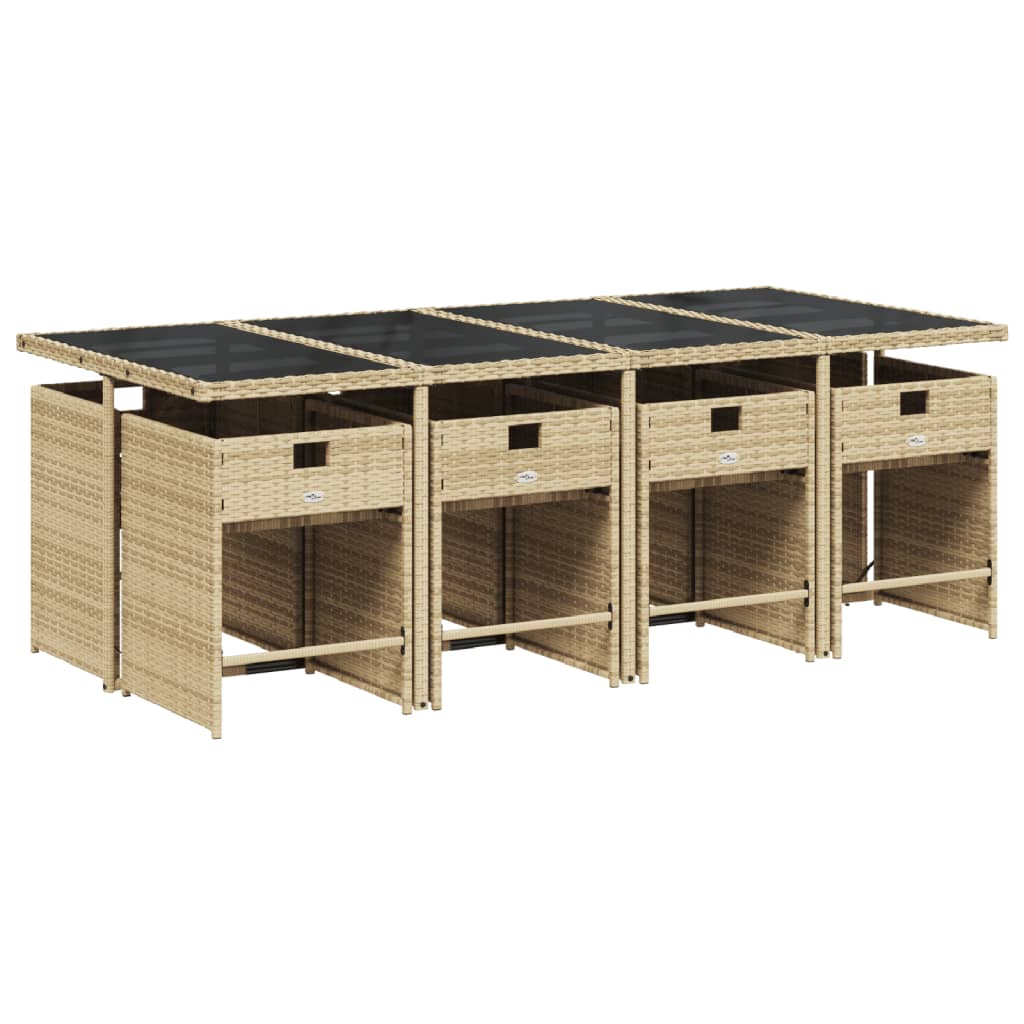 9 Pcs conjunto de jantar p/ jardim com almofadões vime PE bege