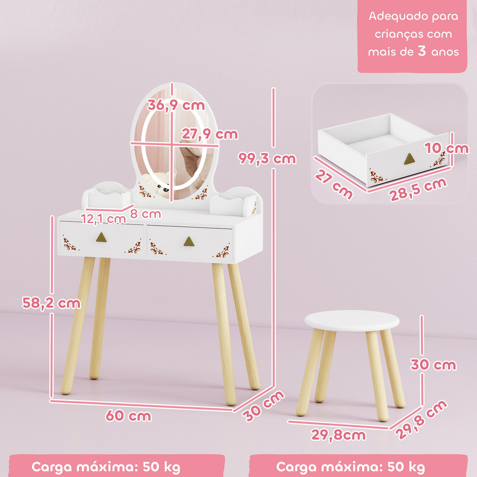 Tocador de maquilhagem com luzes LED de 3 cores banco espelho 2 gavetas 2 caixas de armazenamento 60x30x99,3 cm branco