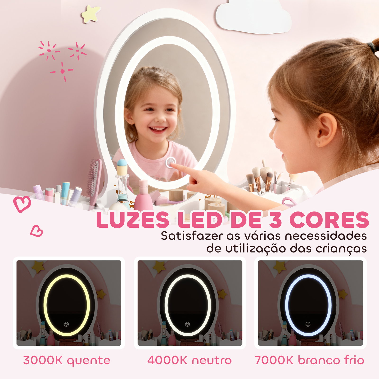 Tocador de maquilhagem com luzes LED de 3 cores banco espelho 2 gavetas 2 caixas de armazenamento 60x30x99,3 cm branco