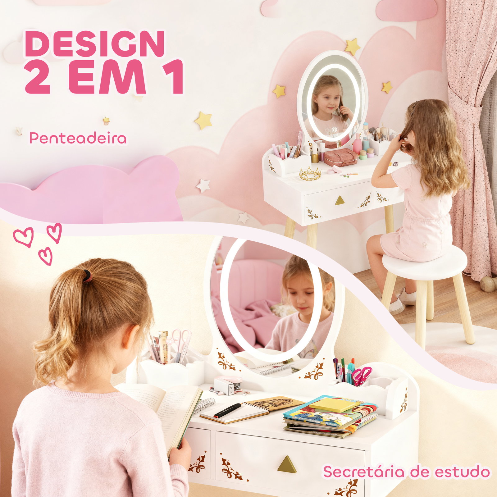 Tocador de maquilhagem com luzes LED de 3 cores banco espelho 2 gavetas 2 caixas de armazenamento 60x30x99,3 cm branco