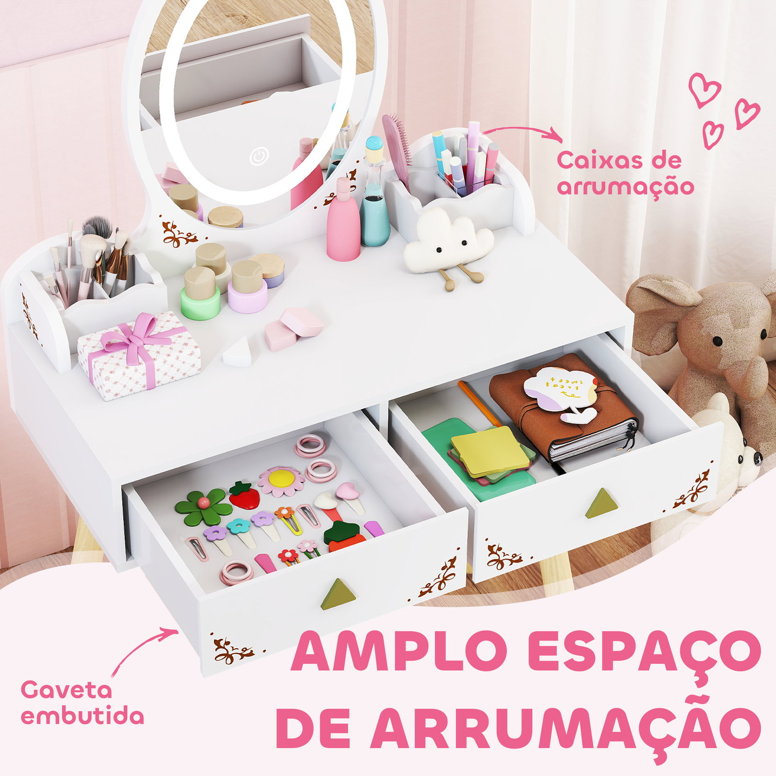 Tocador de maquilhagem com luzes LED de 3 cores banco espelho 2 gavetas 2 caixas de armazenamento 60x30x99,3 cm branco