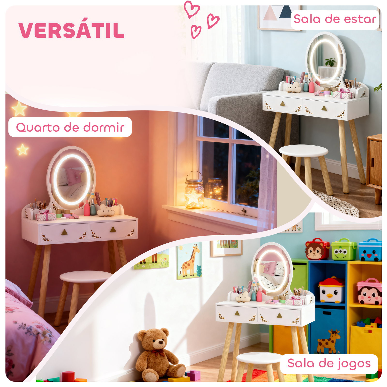 Tocador de maquilhagem com luzes LED de 3 cores banco espelho 2 gavetas 2 caixas de armazenamento 60x30x99,3 cm branco