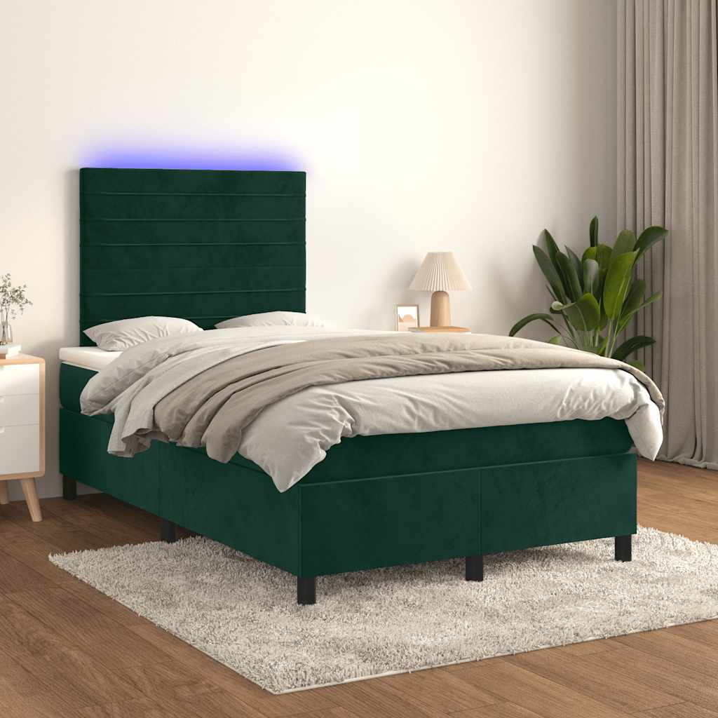 Cama box spring c/ colchão/LED 120x200 cm veludo verde-escuro