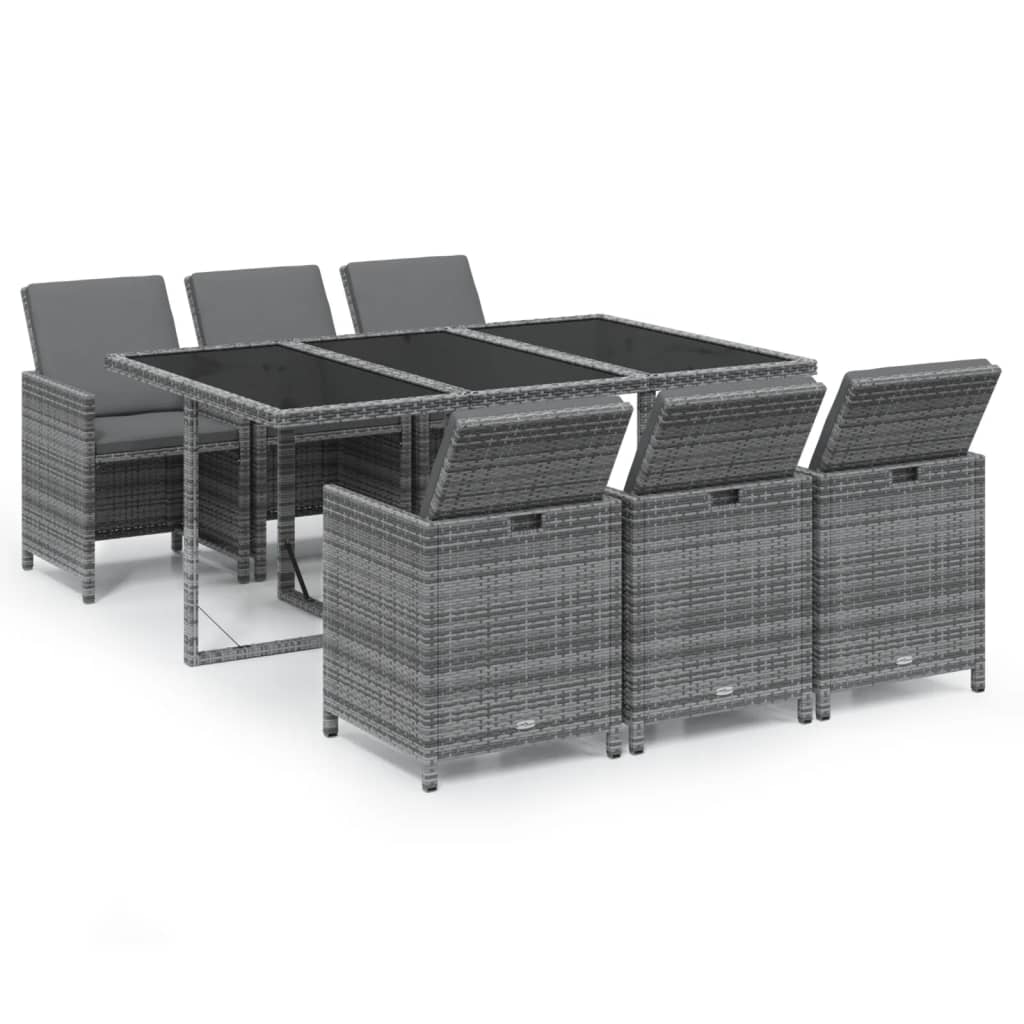 7 Pcs conjunto de jantar p/ jardim c/ almofadões vime PE cinza