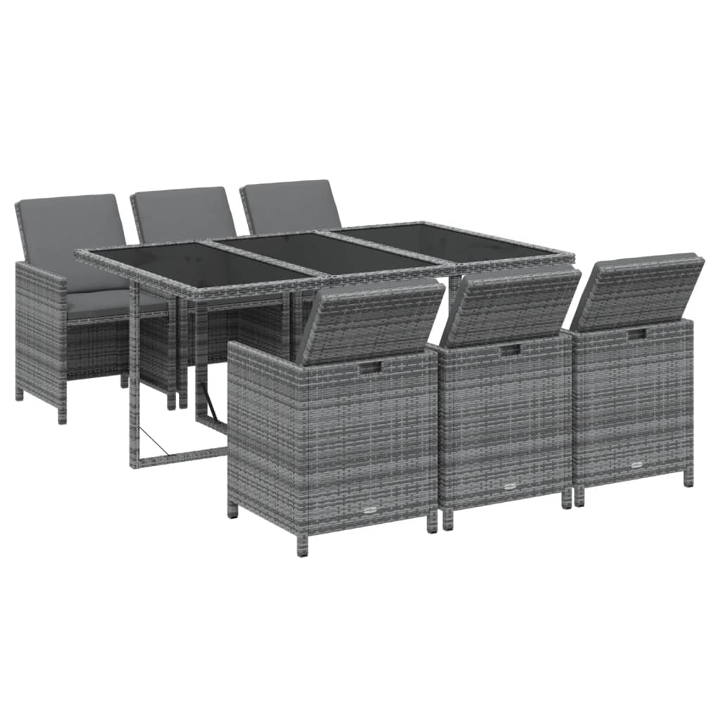 7 Pcs conjunto de jantar p/ jardim c/ almofadões vime PE cinza