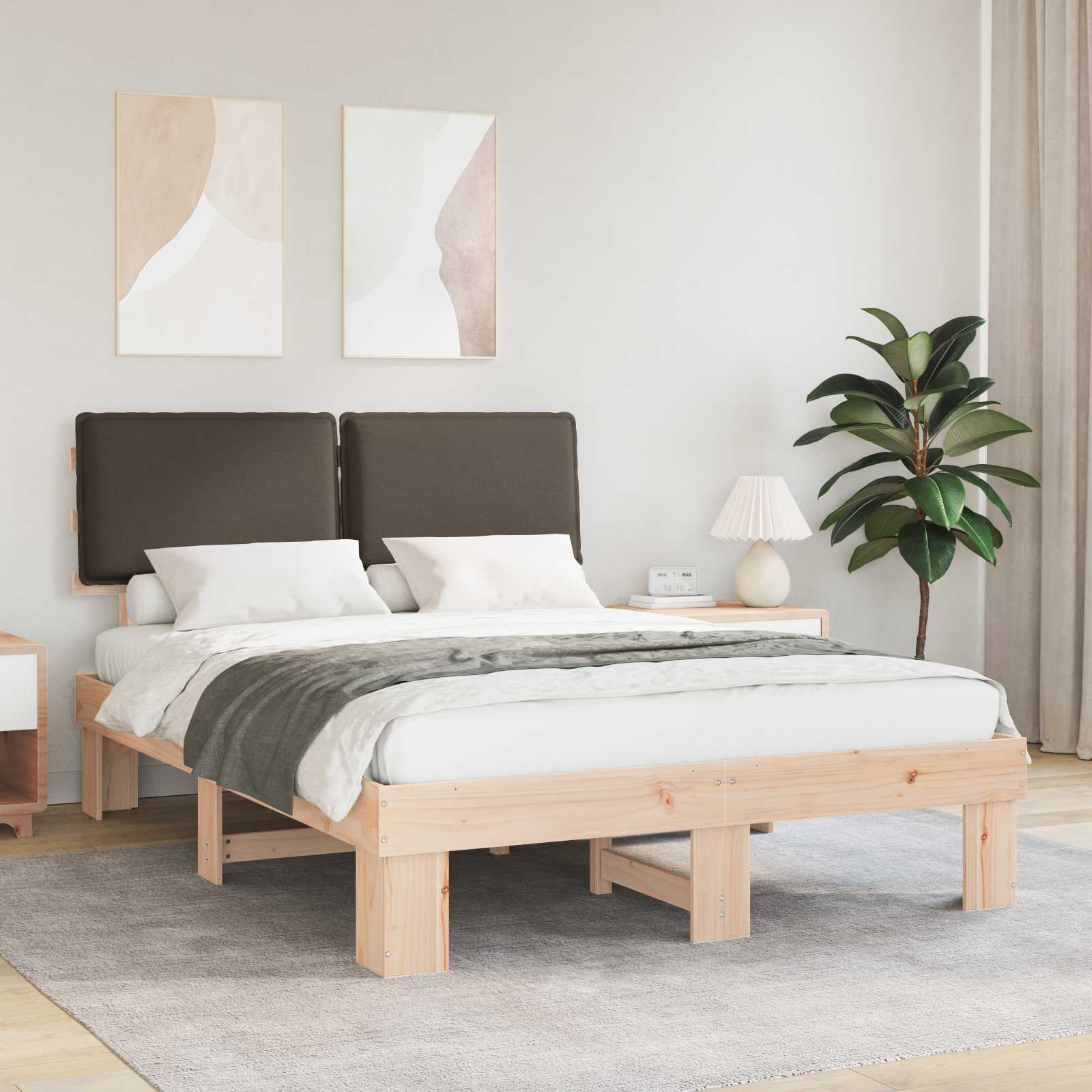 Estrutura de cama com cabeceira estofada cinzento-acastanhado