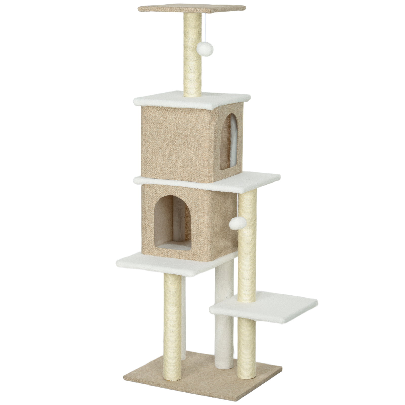 Arranhador para gatos em borrego com 2 cavernas plataformas bolas suspensas e poste de sisal 48x40x140 cm marrom claro