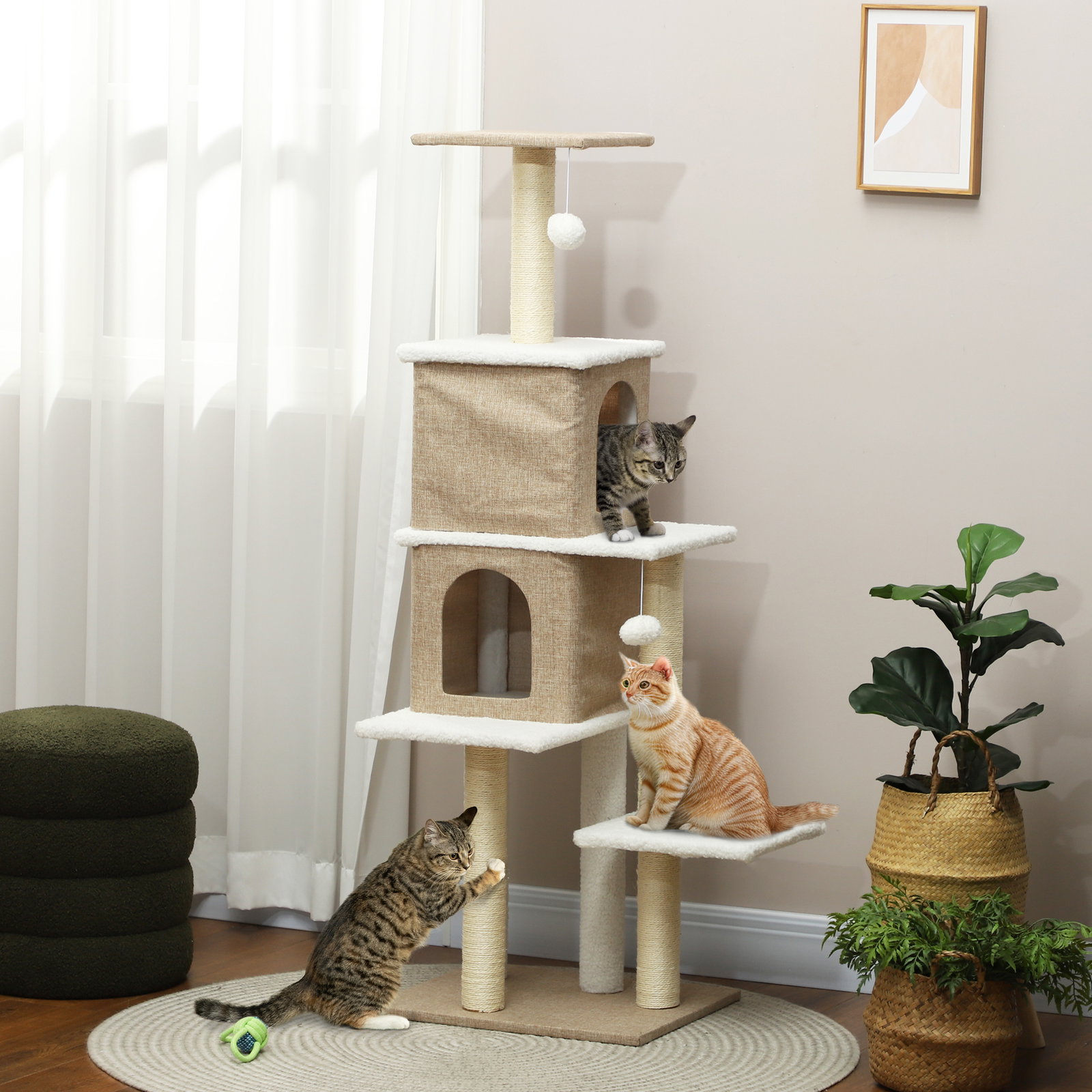 Arranhador para gatos em borrego com 2 cavernas plataformas bolas suspensas e poste de sisal 48x40x140 cm marrom claro