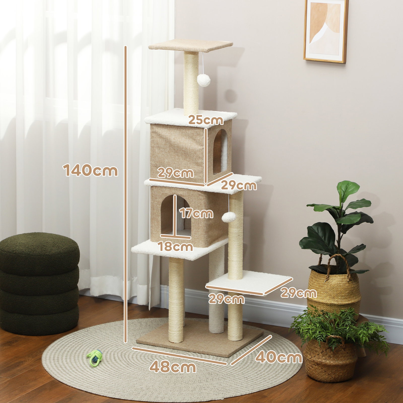 Arranhador para gatos em borrego com 2 cavernas plataformas bolas suspensas e poste de sisal 48x40x140 cm marrom claro