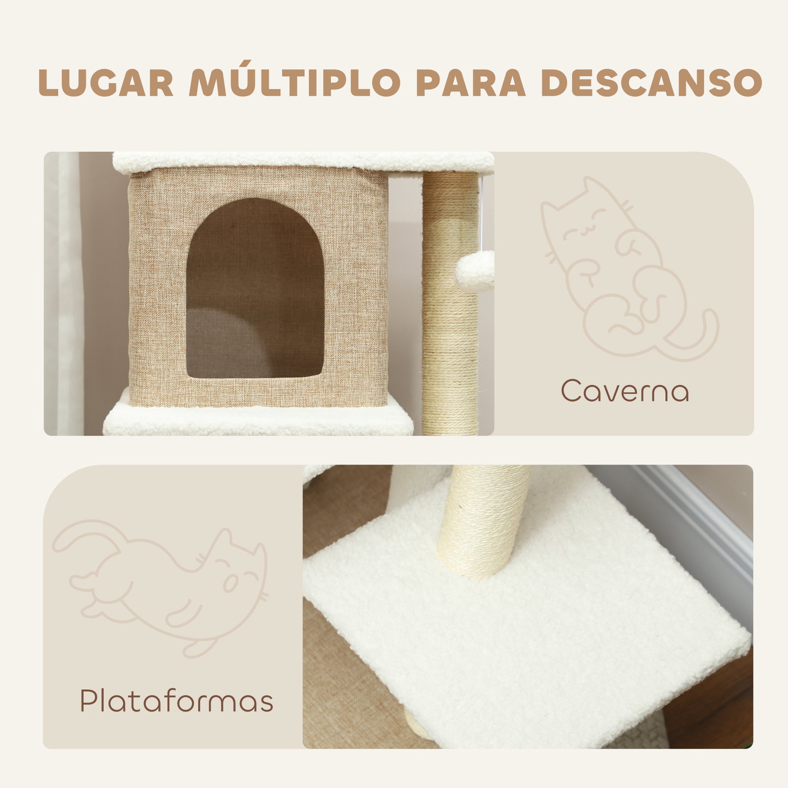 Arranhador para gatos em borrego com 2 cavernas plataformas bolas suspensas e poste de sisal 48x40x140 cm marrom claro